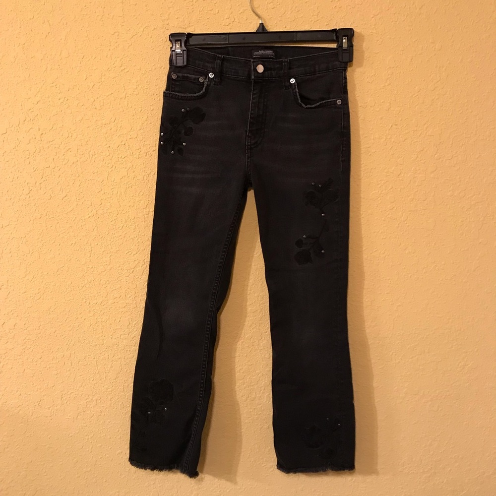 Zara Black Jeans with Flowers and Frayed Bottoms